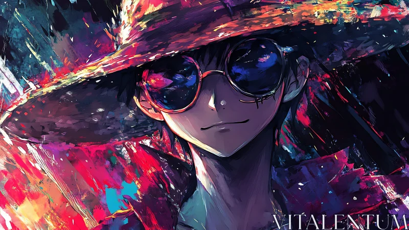 Cool anime character in hat with vivid abstract colors.