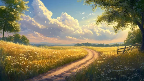 Idyllic country lane in golden meadow under luminous sky.