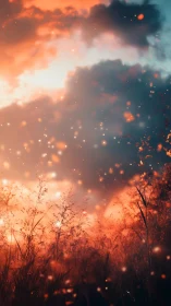 Soft sunset meadow glows warmly under drifting firefly lights