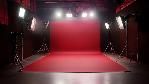 Controlled red cyclorama studio with symmetric light grid.