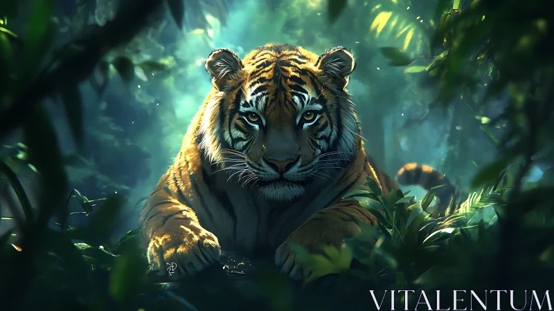 Digital tiger portrait within luminous jungle undergrowth.