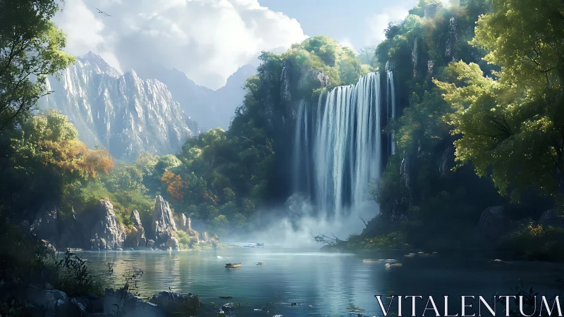 Whispering falls cradle a misty lake in hidden valley.