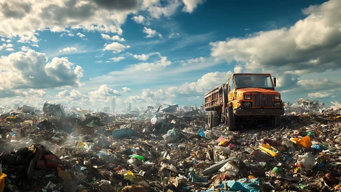 Photorealistic landfill landscape with orange dump truck focus.