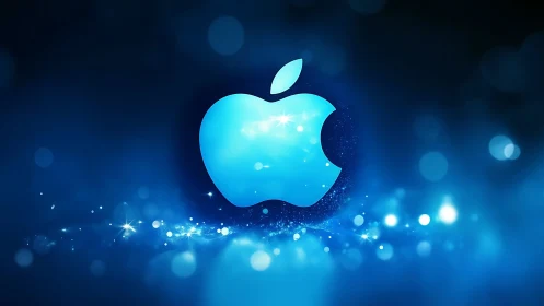 Cyan Apple Logo with Luminous Particles and Blue Bokeh