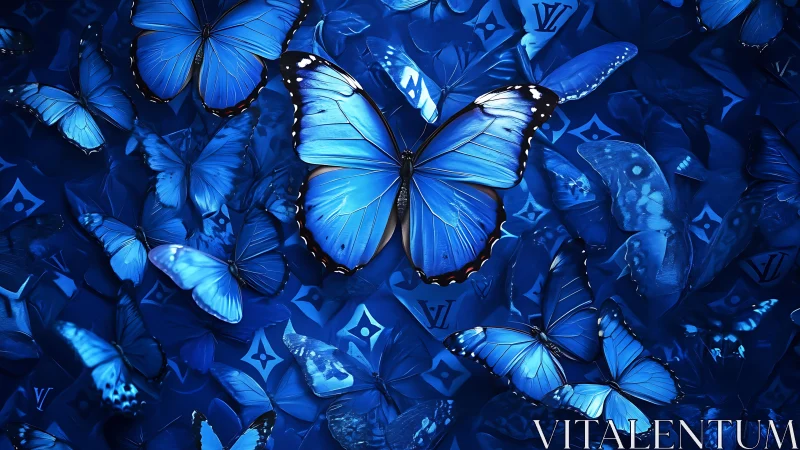 Blue butterfly cluster over patterned luxury monogram field.