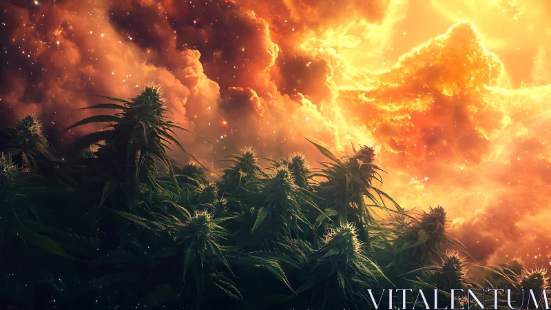 Cannabis plants under glowing orange cosmic sky scene.