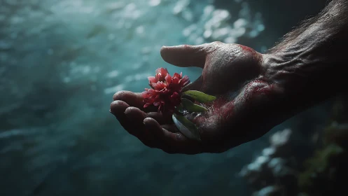 Wet human hand cradling red blossom over defocused water.