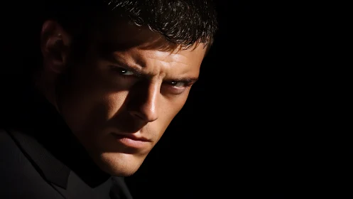 Male subject faces camera under directional low key light