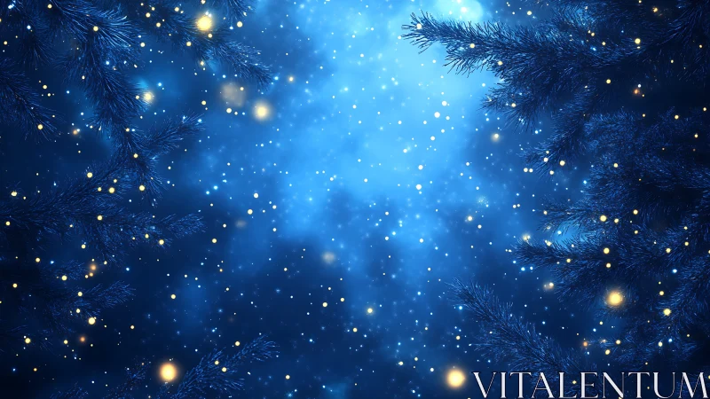 Snowy fir branches glow softly in a dreamy winter night