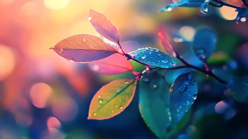 Iridescent foliage with water droplets in prismatic bokeh field.