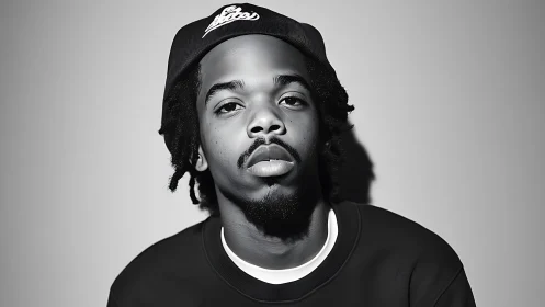 Monochrome portrait of young man in cap with soft key light.