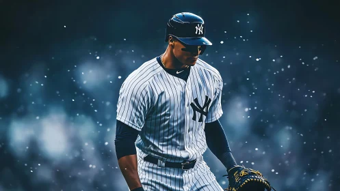 Digital portrait of focused baseball player in pinstripes.