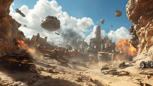 Futuristic desert fortress under heavy aerial assault