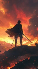 Lone warrior confronts a burning horizon of molten sky.