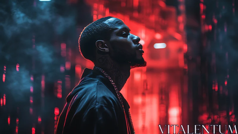 Neon city glow surrounds a thoughtful man in side profile