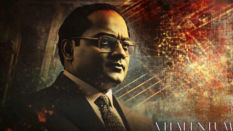 Stoic suited man stands before abstract fiery backdrop