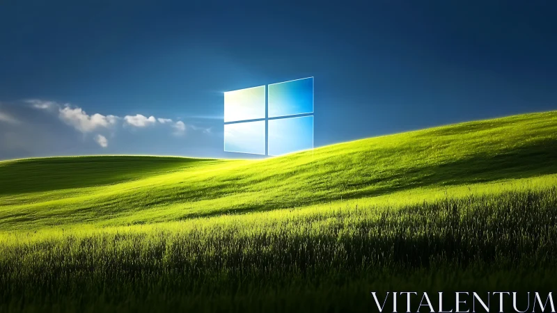 Windows logo over green hillside under deep blue sky.