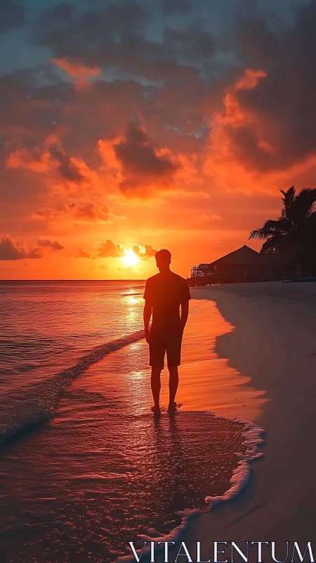 Silhouette watches fiery sunset blaze over tranquil shore.