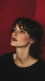 Portrait study of pensive woman against saturated red wall