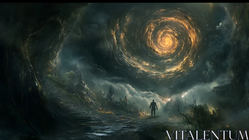 Lone warrior confronting fiery vortex over ruined valley.