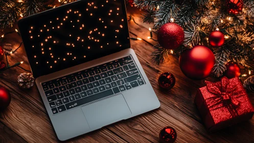 Holiday laptop workspace under glowing Christmas tree décor.