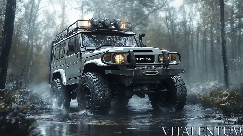 Lifted Toyota Land Cruiser FJ off-road in misty flooded forest