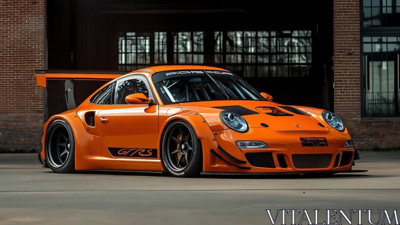 Track-tuned orange race car waits poised in industrial light
