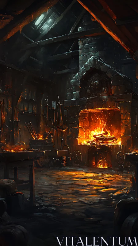 Blacksmith forge with active furnace and work space