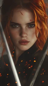 Scarred red-haired swordswoman framed by twin blades.