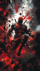 Red masked comic fighter lunges forward amid explosive splashes