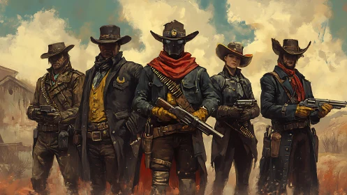 Armed western posse in symmetrical formation under diffuse desert sky