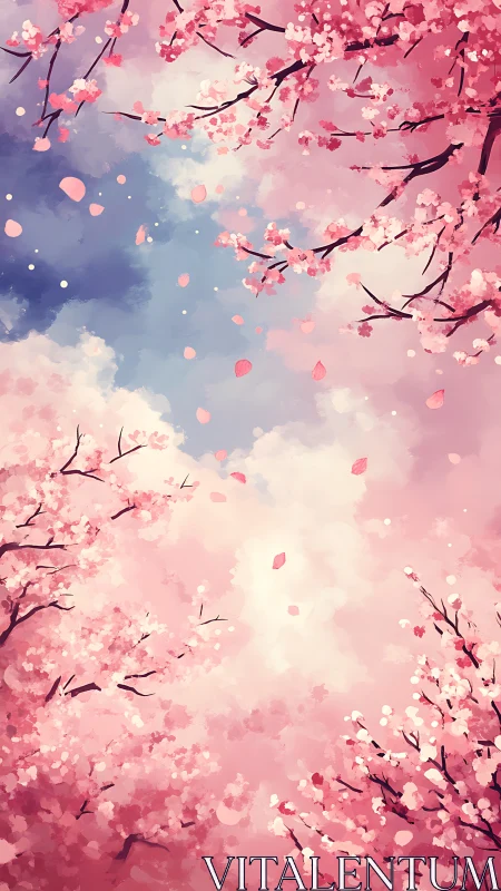 Cherry blossom canopy frames a partially clouded sky