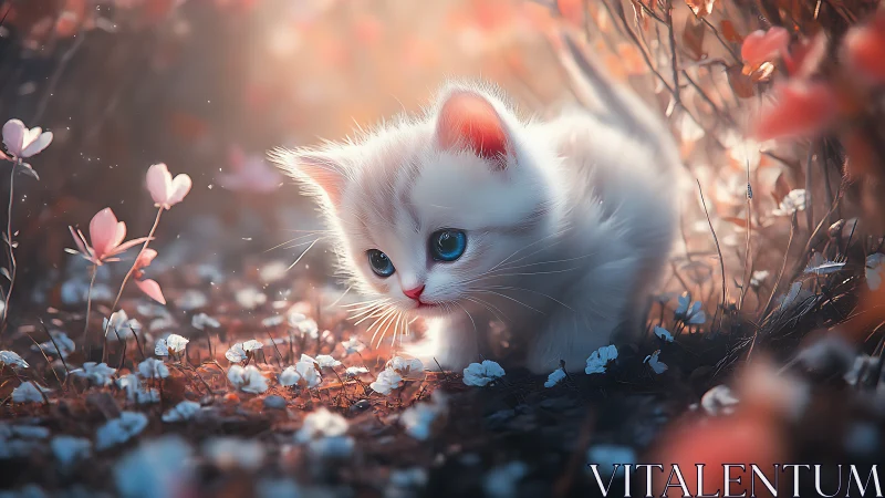 White Kitten in Blooming Garden with Blue Eyes.