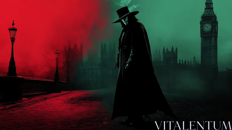 Masked vigilante stalks foggy London bridge in split light