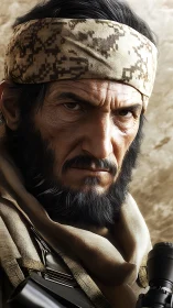 Hardened desert sniper in tactical scarf and headband portrait.