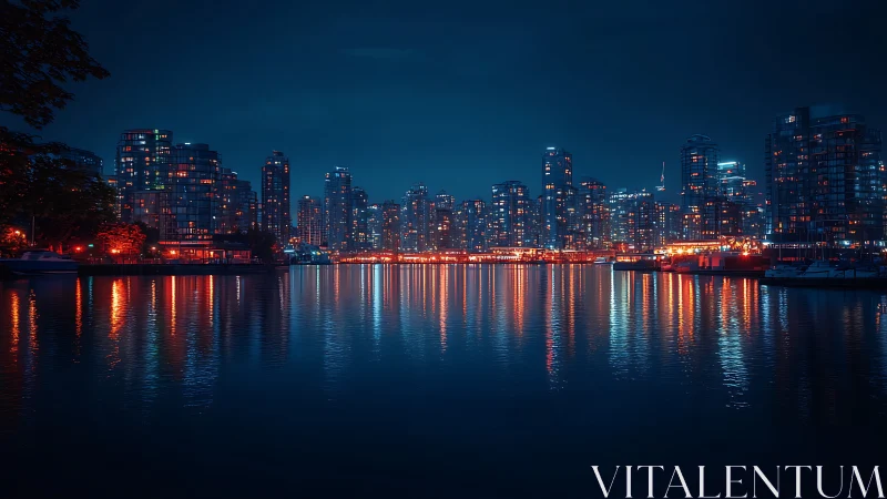 Harbor city night reflections in calm electric blue water.