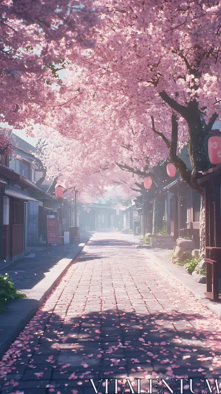 Cherry tree lined pedestrian street shows uniform perspective