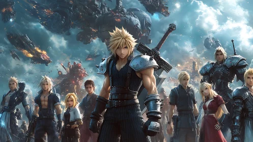 Armored anime warriors under burning airborne dreadnought fleet