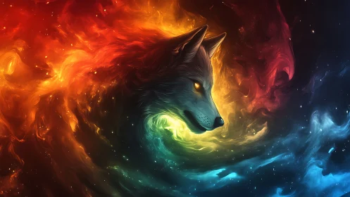 Cosmic wolf portrait in swirling chromatic nebula field.