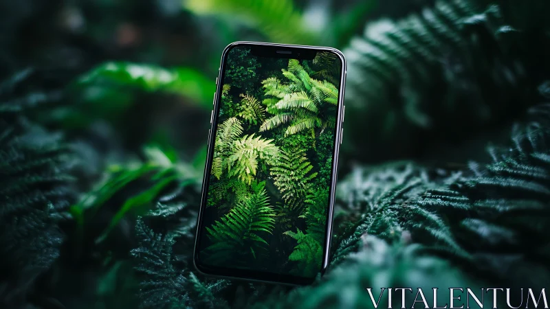 Lush green ferns softly reflect on a smartphone in the wild