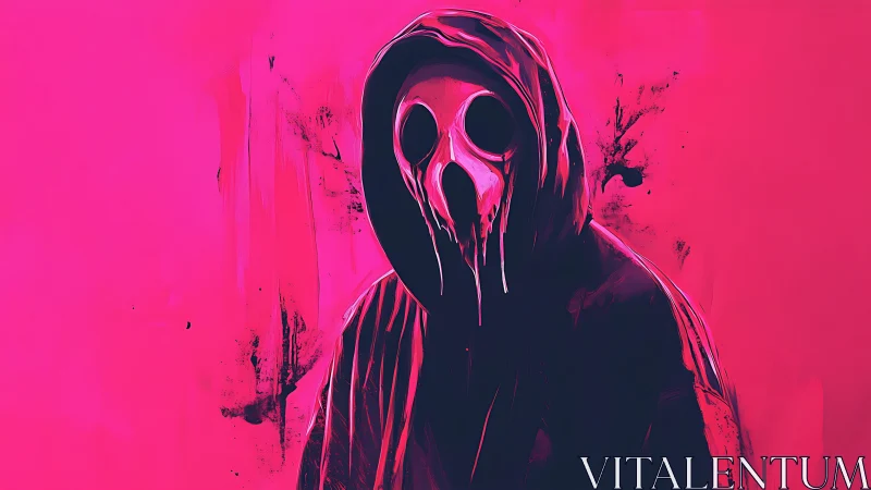 Hooded figure in gas mask is rendered in high contrast pink