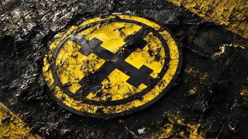 Yellow circular symbol with distressed cross motif on wall.