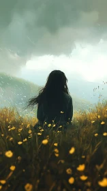 Girl in a wildflower meadow waiting on the coming storm.