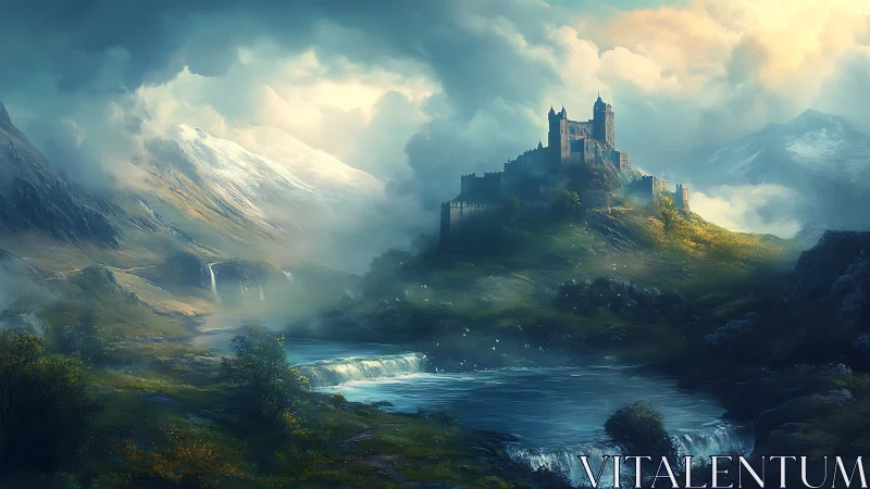 Fantasy castle citadel in misted alpine river valley panorama.