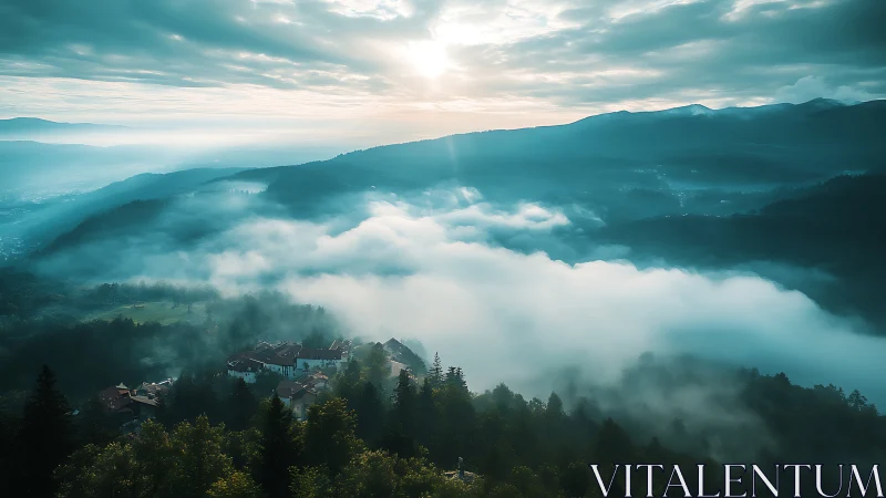 Morning mist drapes a hidden mountain village in silver light.