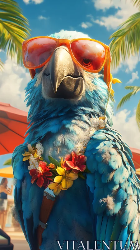 Photorealistic tropical parrot portrait with sunglass styling.