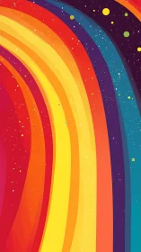 Sweeping rainbow waves curve gently through a starry night sky