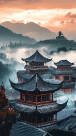 Tiered Chinese pagodas in misty mountain valley at sunrise