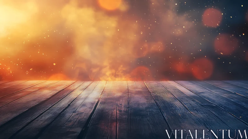 Wooden Deck at Sunset with Glowing Particles.