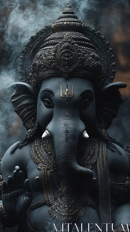 Detailed dark-toned Ganesha statue with ornate headdress.